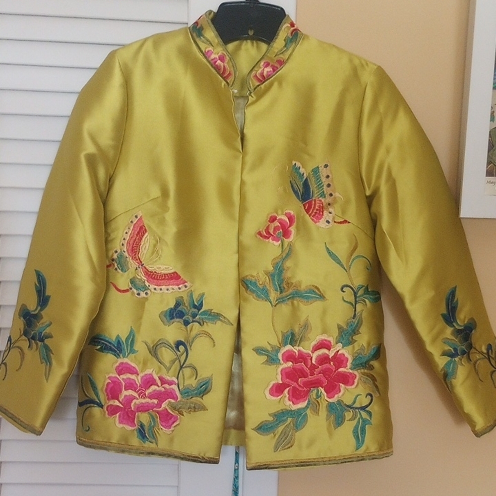 Embroidered Floral Satin Jacket - Gold